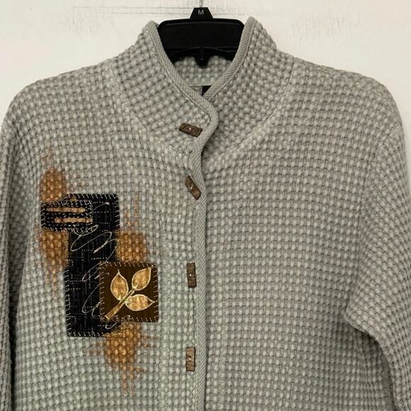 Focus Casual Life Gray Cotton Waffle Knit Embroidered Painted Cardigan Sweater S - Picture 7 of 12